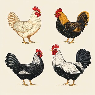 四只色彩各异的公鸡插画