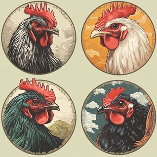 四色公鸡头像插画集合