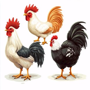 三只多彩公鸡插画