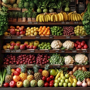 新鲜多样的蔬果陈列架