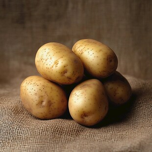 新鲜土豆堆叠在麻布上