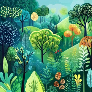 梦幻森林插画 多彩绿植世界