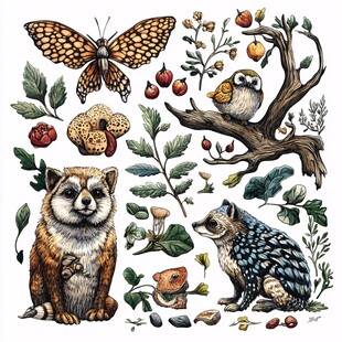 森林动物与植物插画集合