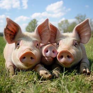 三只萌猪惬意躺于绿草地