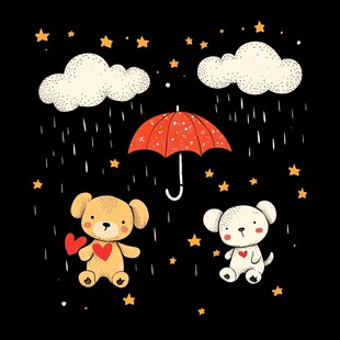 雨中萌宠共撑伞的温馨画面