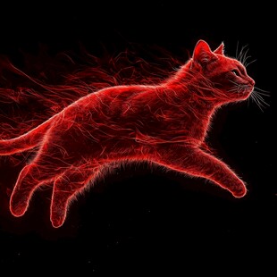 红色光影中飞跃的动感猫咪
