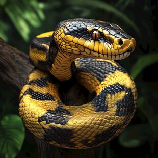 盘绕树枝的斑斓花纹蛇