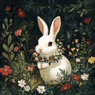花丛中的可爱白兔