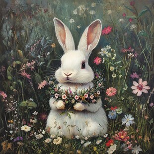 白兔戴花环于繁花绿草间