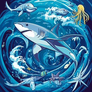 海洋生物在浪花中畅游