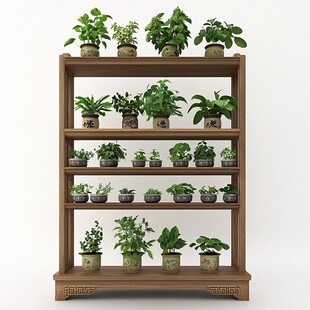 中式花架上的多样绿植