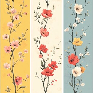三色花卉竖版图案插画