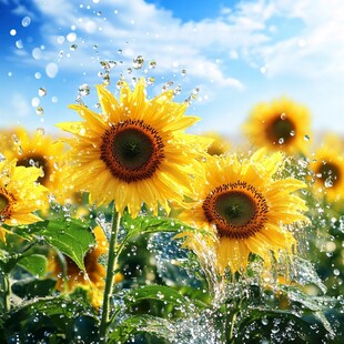 阳光下向日葵迎水珠绽放