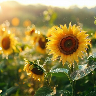 晨露中的向日葵绽放光彩