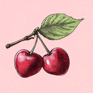 手绘双樱桃与绿叶