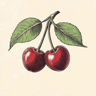 手绘双樱桃与绿叶插画