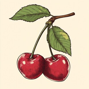 手绘双樱桃与绿叶图