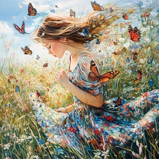 少女置身花海与蝶共舞