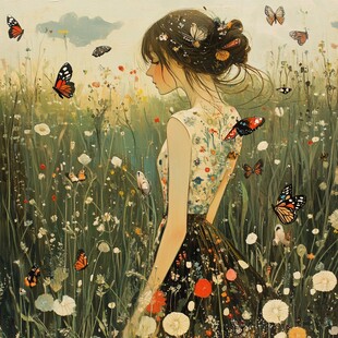 少女漫步于蝶舞花丛间