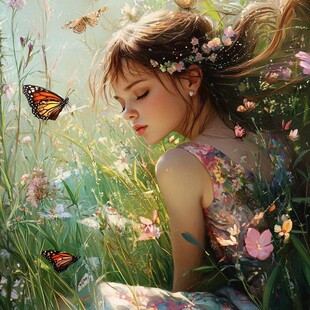 花丛中少女与蝴蝶的梦幻瞬间