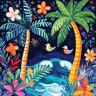 热带风情的海边植物与飞鸟