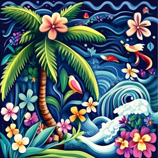 热带海滨花卉鸟类梦幻图景