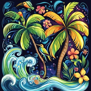 热带风情插画 椰树海浪花鸟