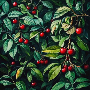 枝头红樱桃绿叶相衬