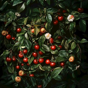 枝头红樱桃与绿叶白花