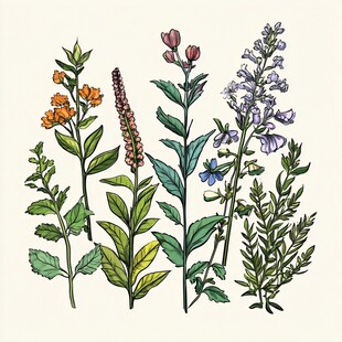 手绘多彩花卉植物组合