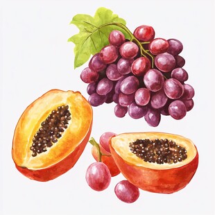 水彩绘木瓜与葡萄水果图