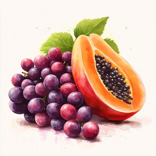 水彩绘木瓜与紫葡萄