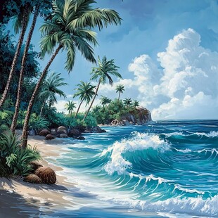 热带海滩 椰树与海浪美景