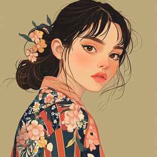 复古花衣少女优雅侧颜