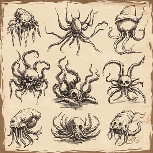 手绘奇幻海洋怪诞生物集合
