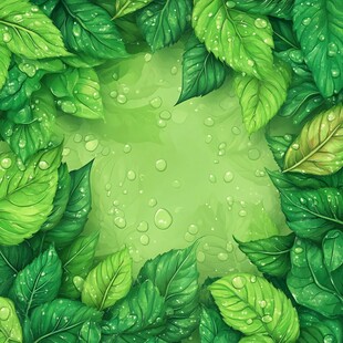 绿叶露珠环绕的清新背景