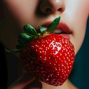 红唇轻衔娇艳大草莓