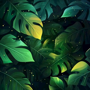 梦幻热带绿叶与闪烁微光