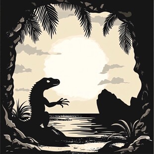 恐龙于海滨洞穴的剪影