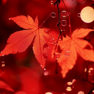红枫叶上的晶莹水珠