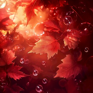 梦幻红枫叶与泡泡的秋日景象