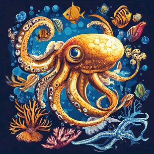 梦幻海底的章鱼与海洋生物