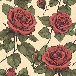 复古红玫瑰绿叶花卉图案