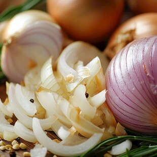 新鲜洋葱与切碎洋葱特写