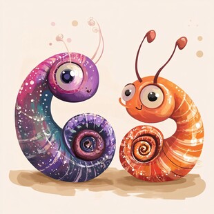 可爱双蜗牛水彩插画