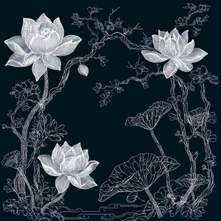 中式白描荷花花卉图案