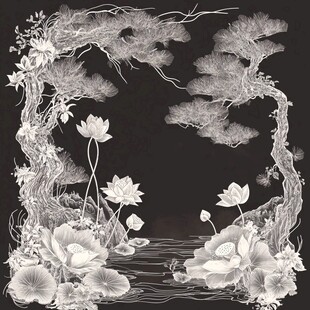 水墨风松荷边框图案设计