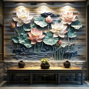 中式荷花浮雕玄关装饰墙