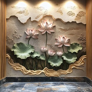 中式浮雕荷花背景墙装饰