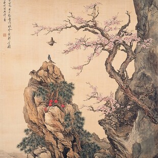 春景花鸟图 山石繁花飞鸟